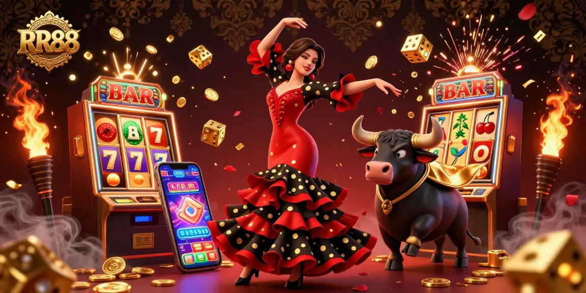 Experience thrilling wins with RR88 in this dynamic casino-themed illustration showcasing exciting game elements.