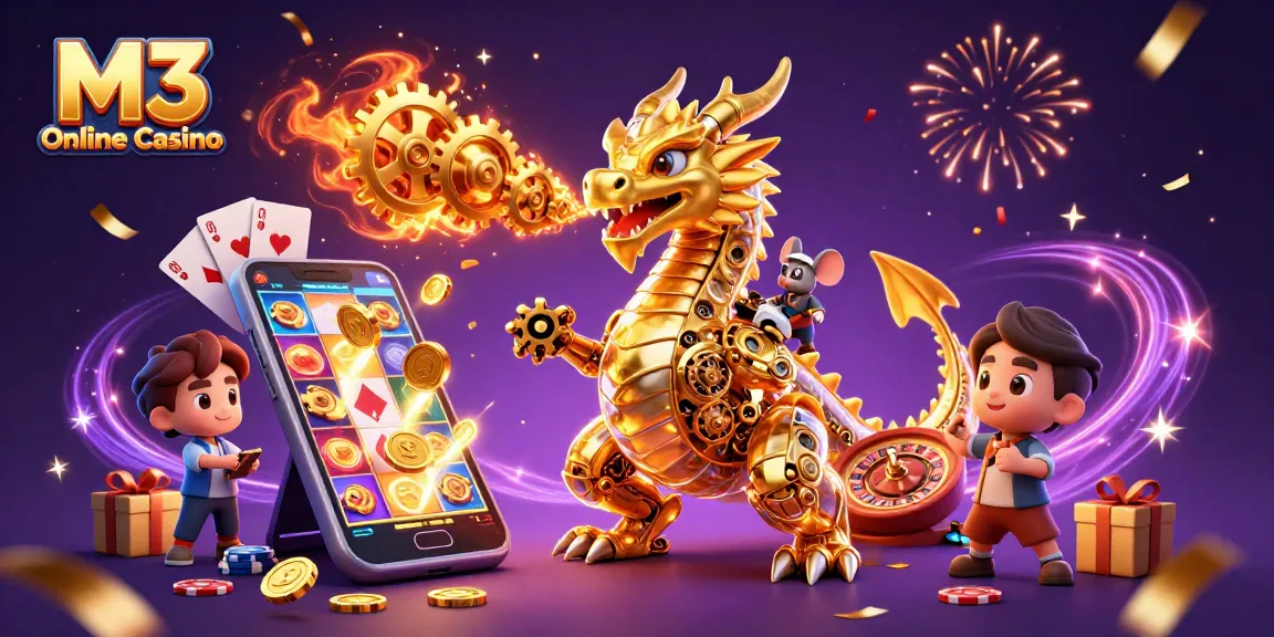 M3 Online Casino showcases thrilling experiences with golden dragon and vibrant slot game elements.