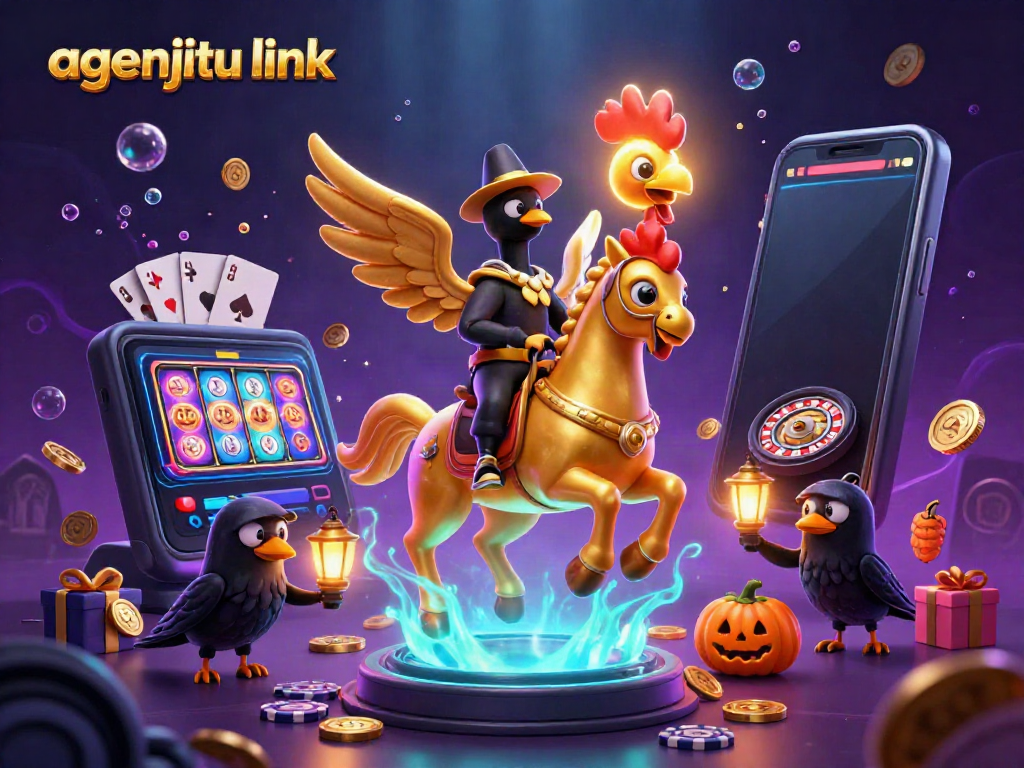Gambarkan agenjitu link dalam ilustrasi 3D dengan karakter kasino yang penuh aksi.