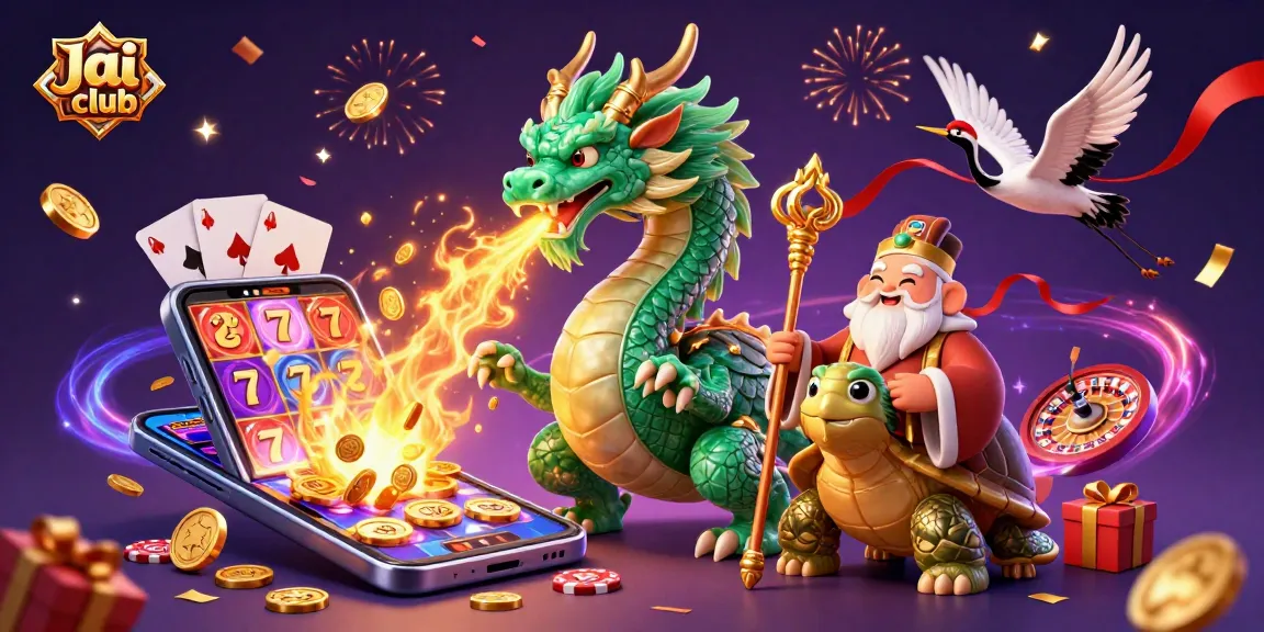 Engage at Jai club with an emerald jade dragon and golden treasures in a vibrant casino scene.