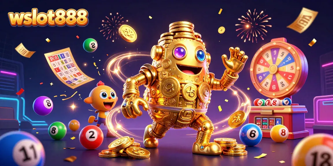 Permainan wslot888 dengan golem emas berputar, bola lotere berwarna, dan koin mengalir penuh semangat.