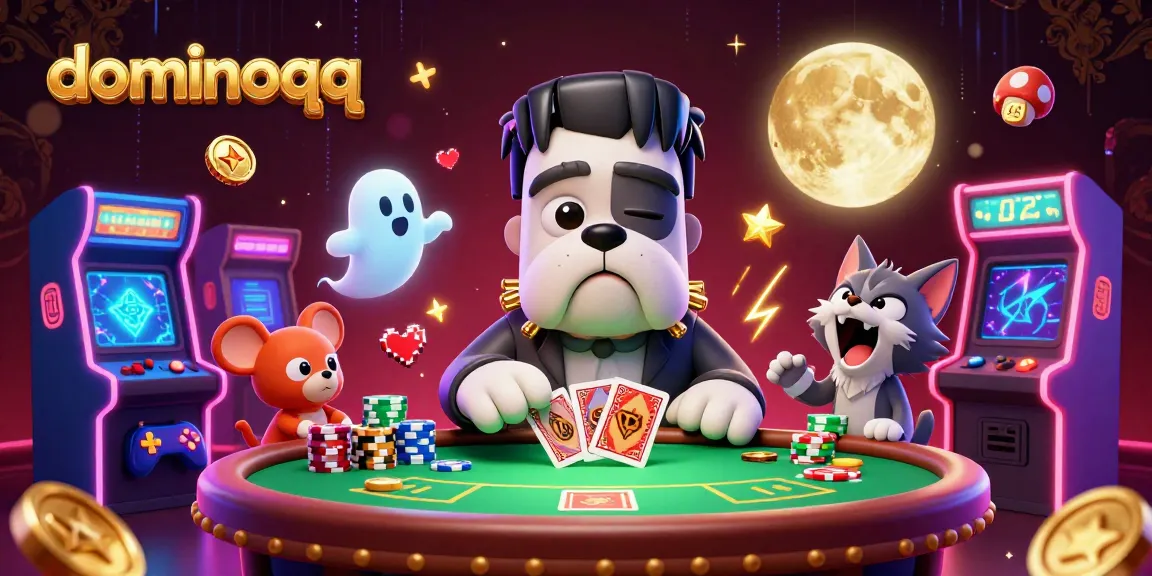 Engage in exciting dominoqq games as a bulldog dealer and a howling kitten in a dynamic casino scene.