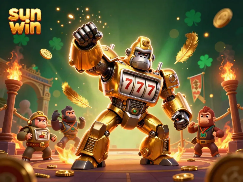 Experience winning action at Sun Win with a dynamic gorilla mech powering through a vibrant casino scene.
