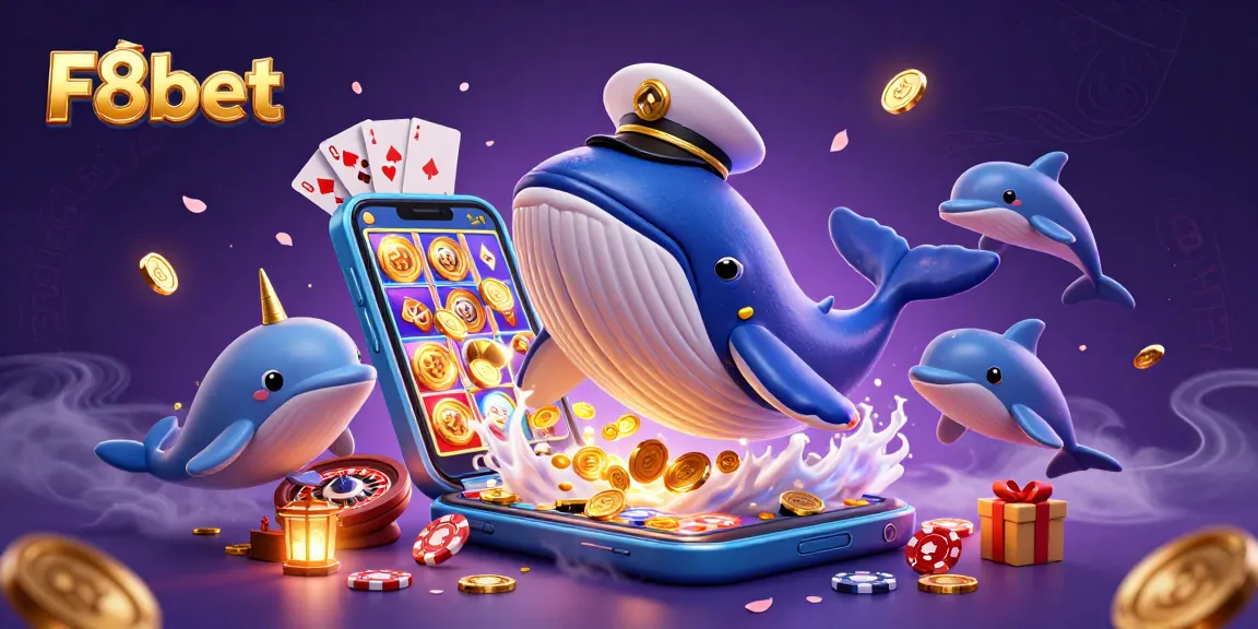 Experience thrilling games at F8bet with a vibrant scene of a captain whale and friends surrounded by casino elements.
