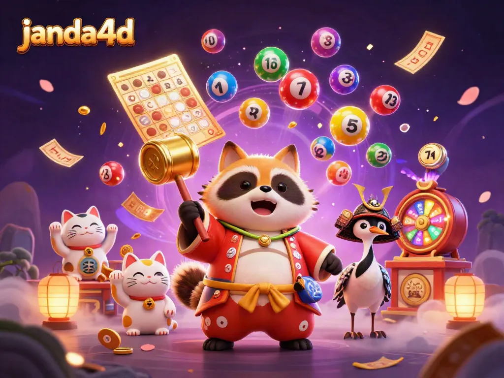 Menangkan jackpot di janda4d dengan karakter ceria dan simbol keberuntungan yang meriah.