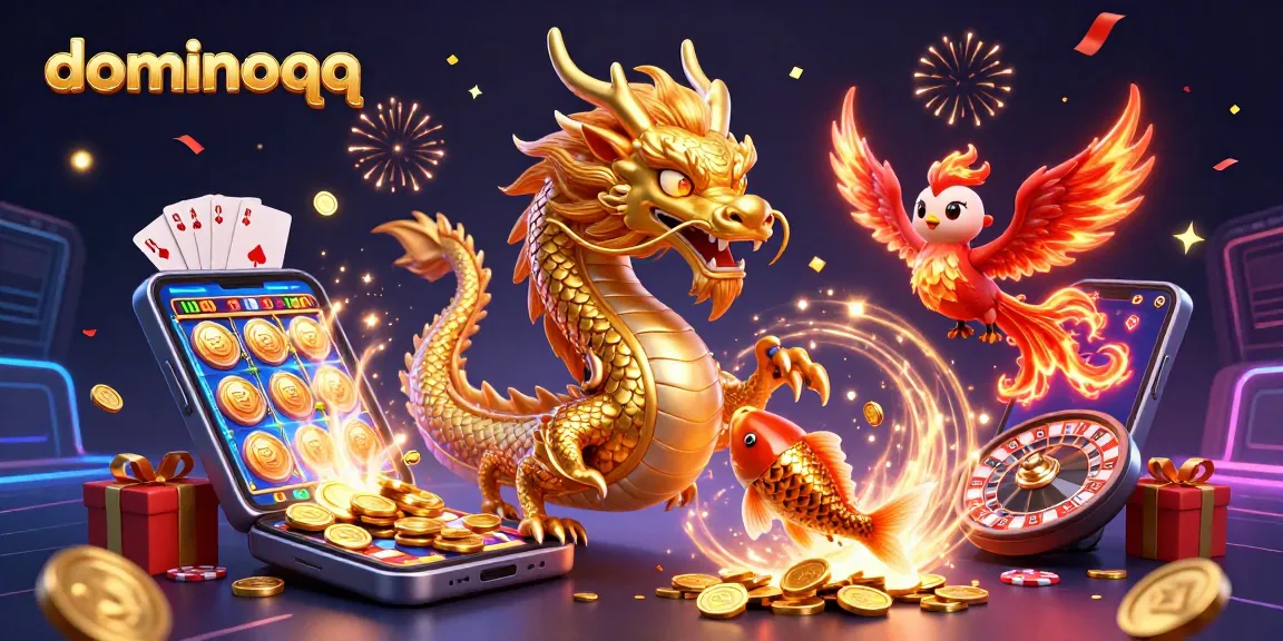 Play dominoqq with excitement, featuring a golden dragon, phoenix, and koi above a vibrant casino scene.