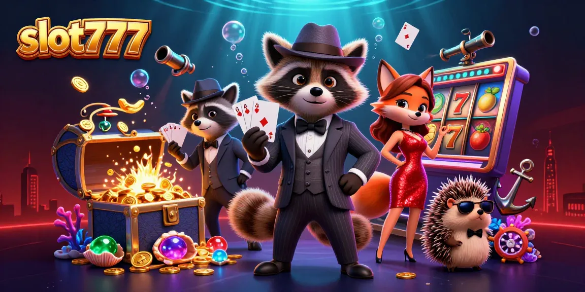 Win big with slot777 in this exciting 3D illustration featuring cartoon animals and casino elements.