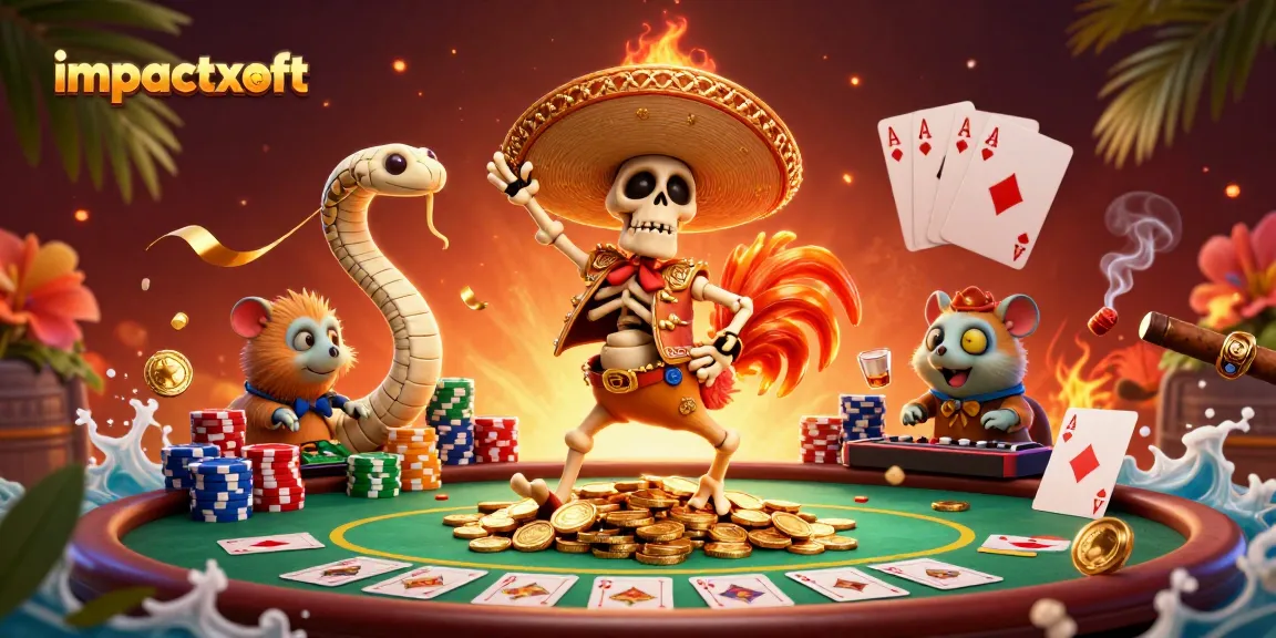 Play exciting games at impactxoft with a colorful casino-themed illustration featuring lively characters.