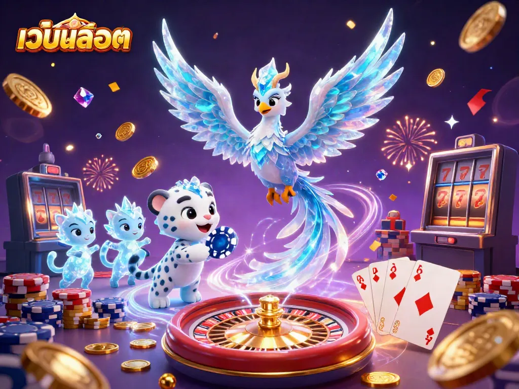 Engage with the stunning เว็บสล็อต scene featuring an ice phoenix, snow leopard, and vibrant casino elements.