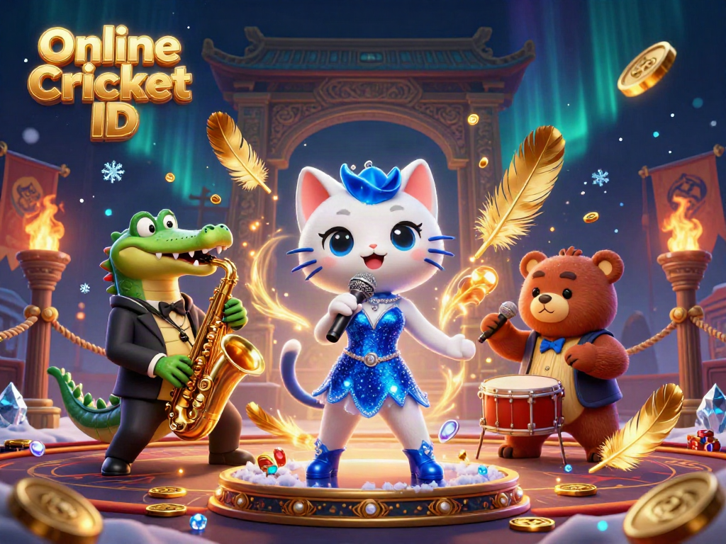 Engage with Online Cricket ID in a vibrant casino scene featuring a singing cat, saxophone crocodile, and drum-playing bear.