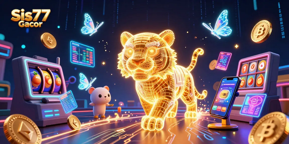 Permainan menarik di Sis77 Gacor menampilkan harimau neon dan koin Bitcoin berkedip.