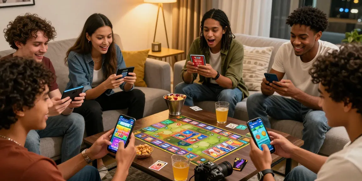 Friends enjoying a mobile card game together in a cozy setup, showcasing excitement and strategy.