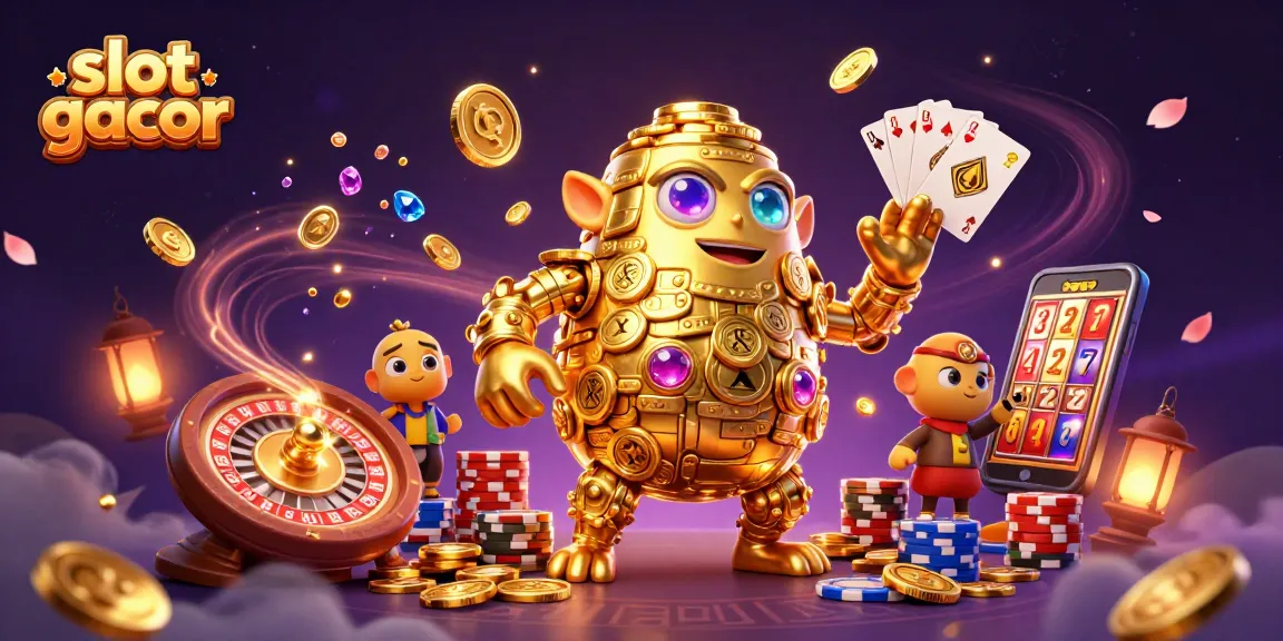 Mainkan slot gacor dengan golem emas dan simbol mesin slot di WOPSLOT yang penuh gemerlap.