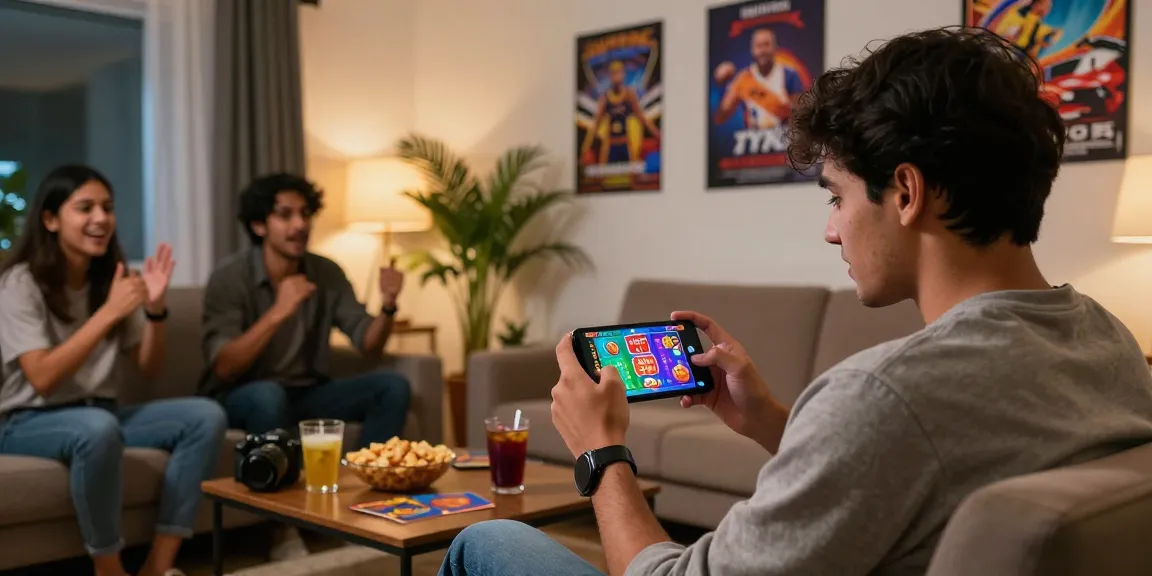 Young man enjoying 3 patti loot pakistan app in a cozy living room with friends.