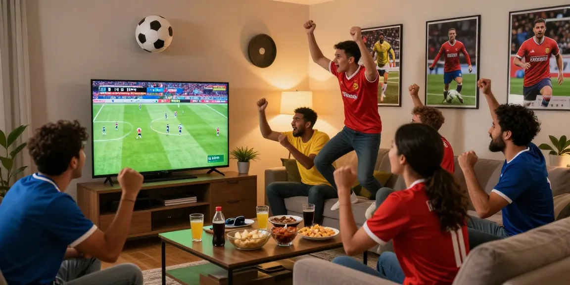 Excited friends watching a soccer match on موقع IHD Sports in a lively living room.